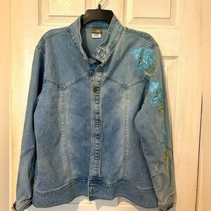 NWOT Sage 56 Embroidered Denim Jacket Turquoise Floral Design on Right Sleeve.